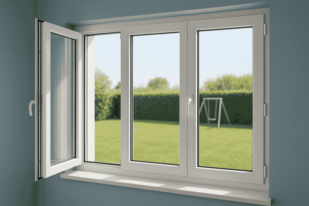 Fenêtre PVC 2 ouvrants à 1 vantail ouverture à la française avec un fixe central blanc